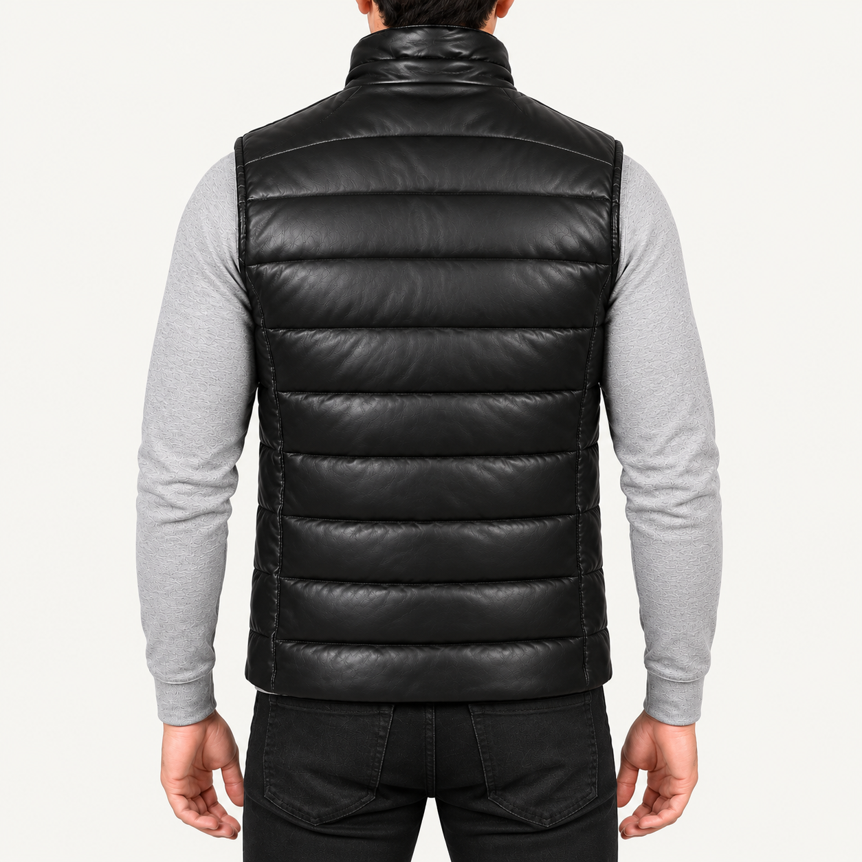 Men's Black Quilted Leather Puffer Vest – Sleeveless Zip-Up Gilet Gallery